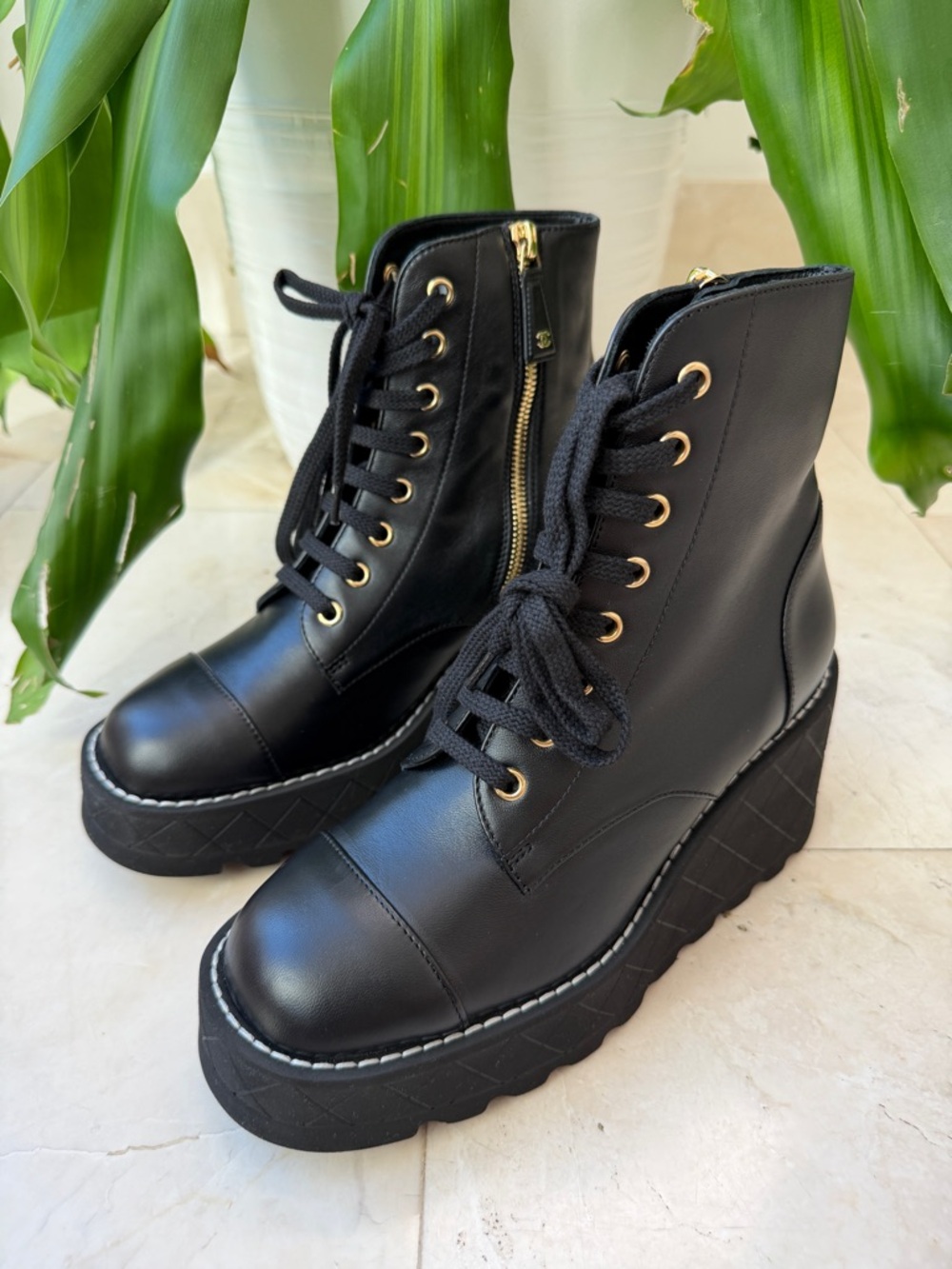 Chanel 2024 Interlocking CC Logo Combat Wedge Lambskin Lace Up Ankle Boots 36.5